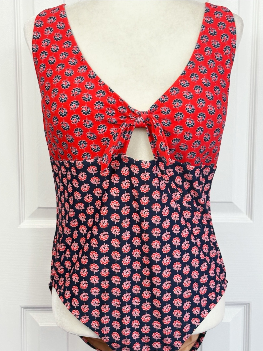 NWT J. Crew Red & Navy Blue Floral Print Tie Front One Piece Swimsuit 2X
